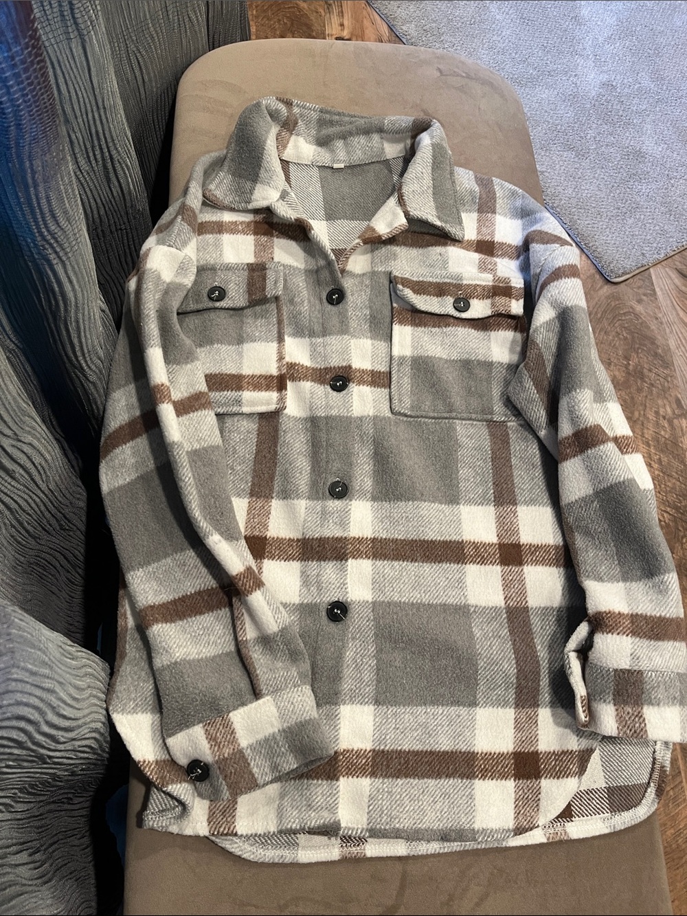 Plaid Button-Up Shacket in Gray, Brown & Cream